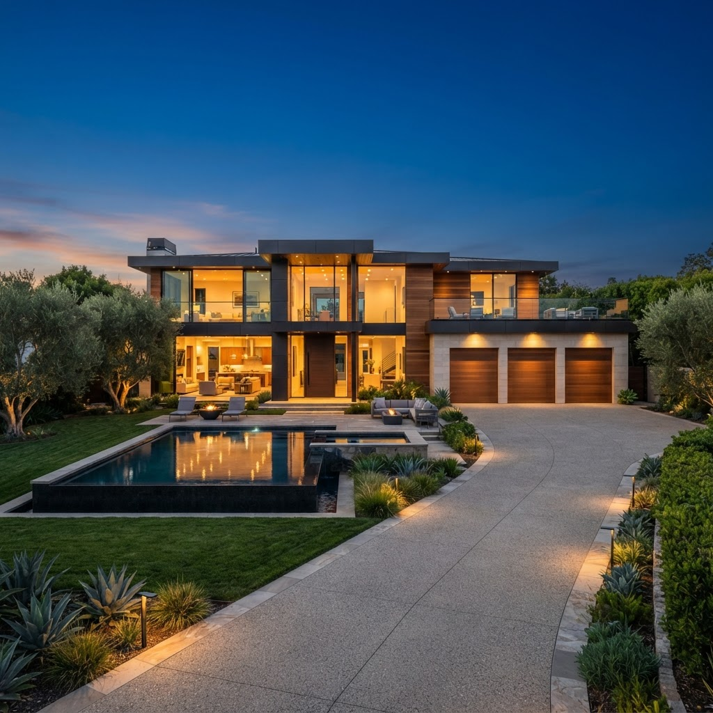 Elegant luxury home exterior at dusk